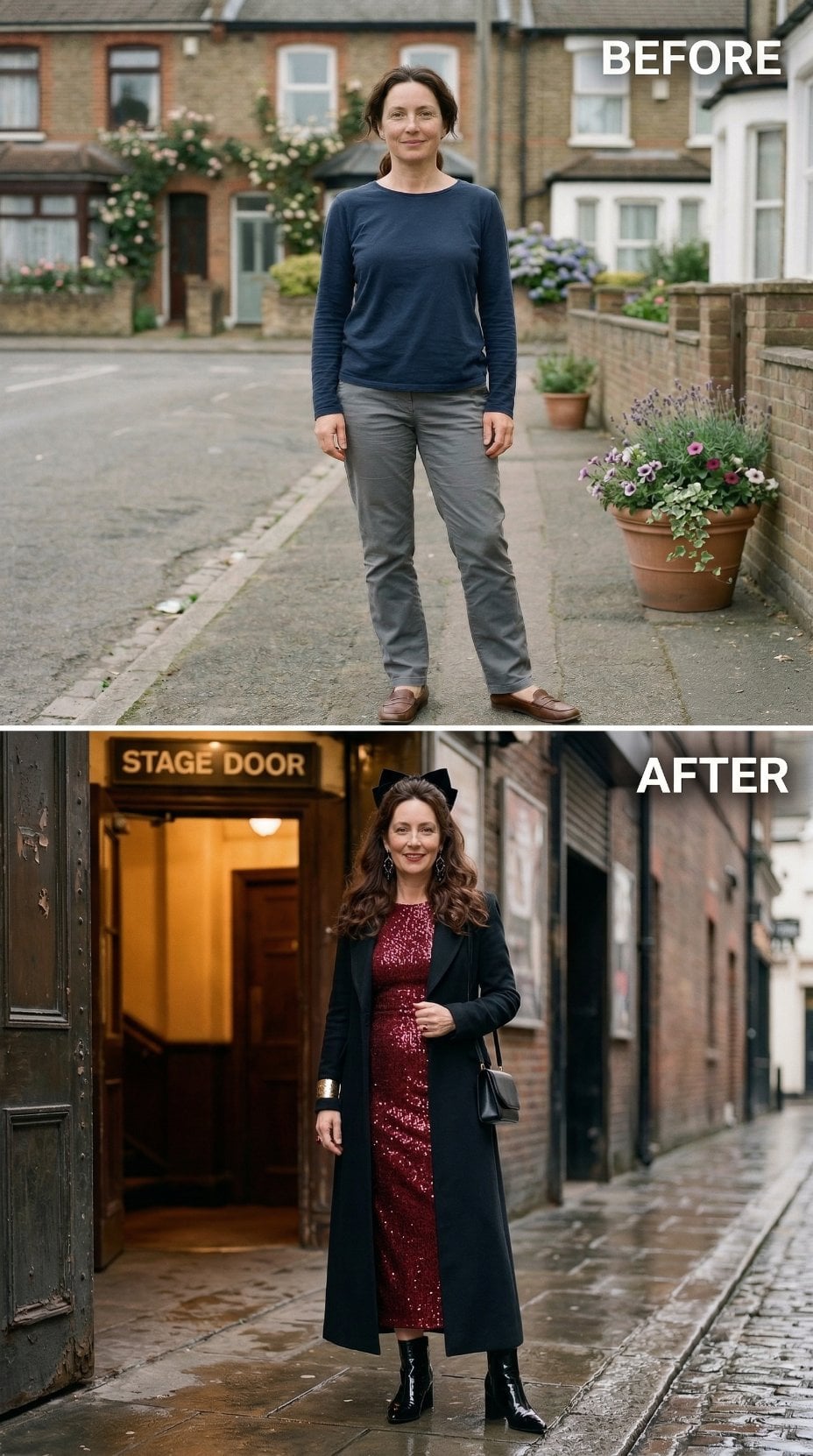 Stone-Washed Denim Surrenders to Burgundy Sequin Column Dress