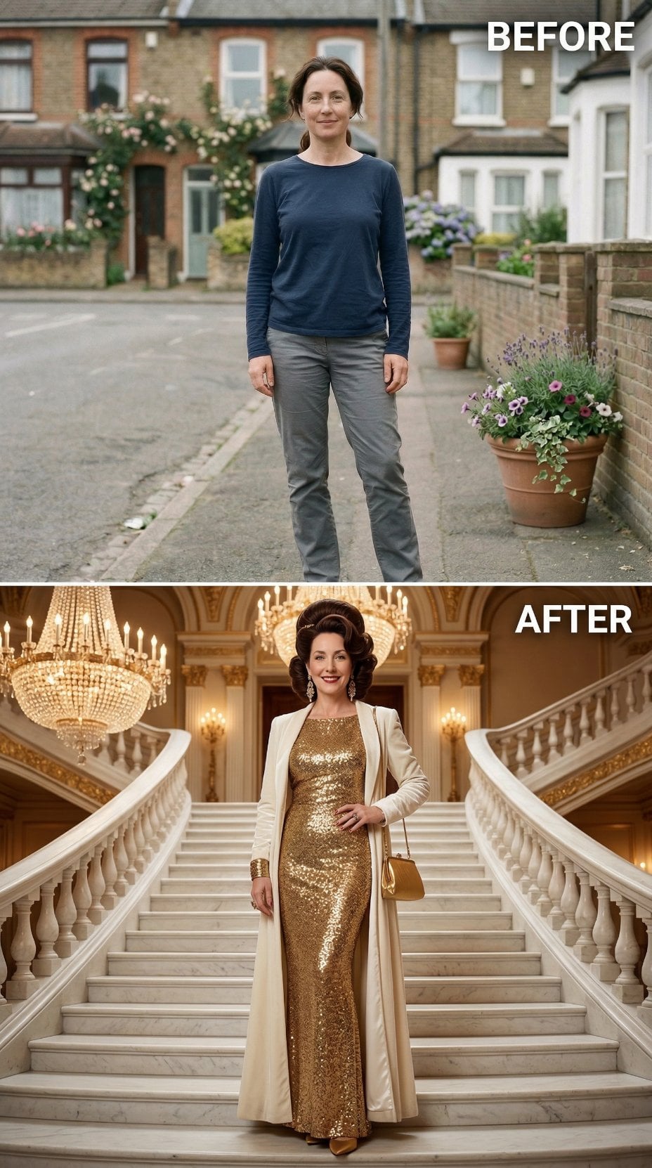 Gold Sequin Column Gown and Cream Coat Descend Grand Staircase