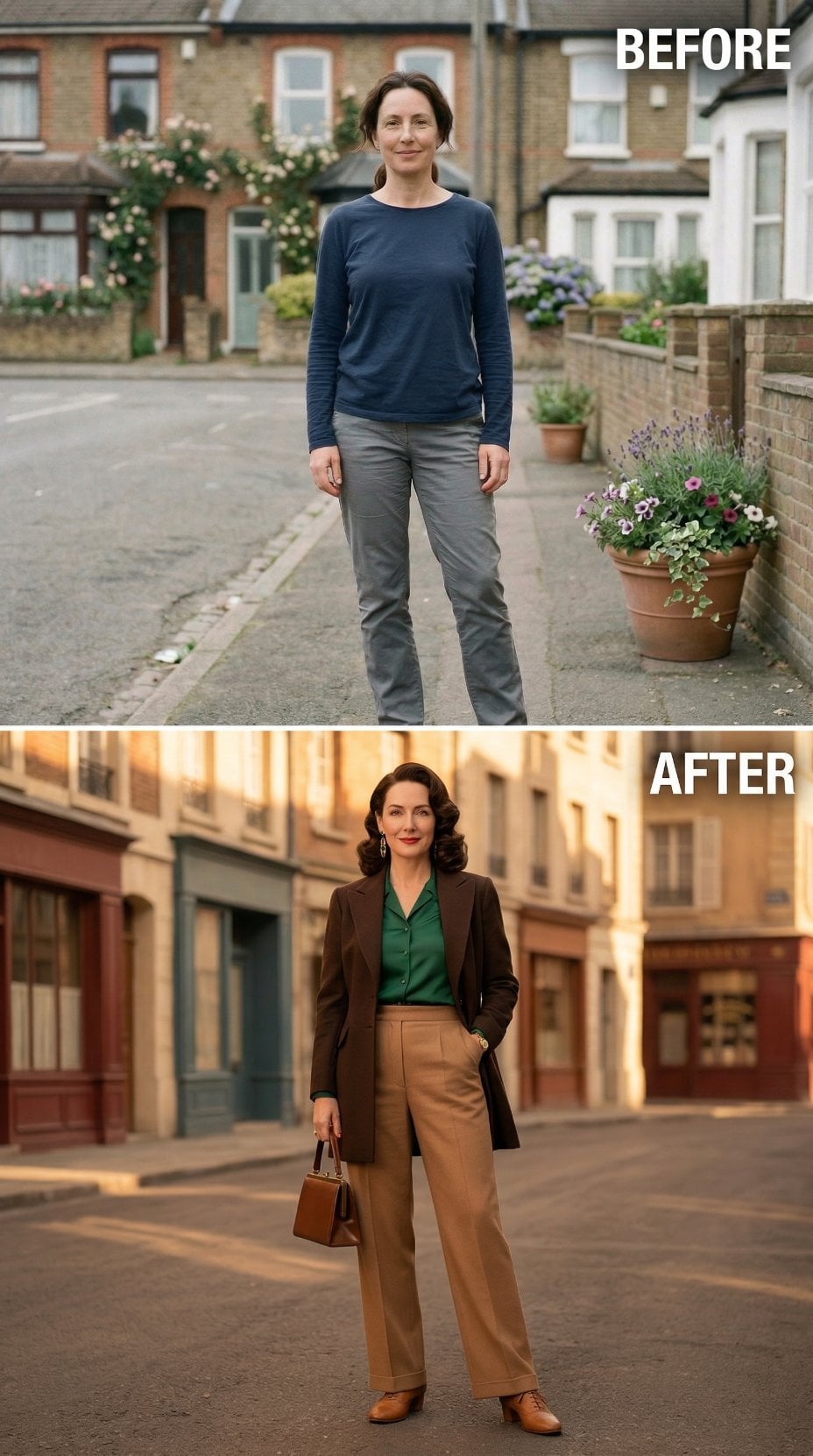 Charcoal Brown Coat Over Emerald Blouse Commands a Paris-Style Boulevard