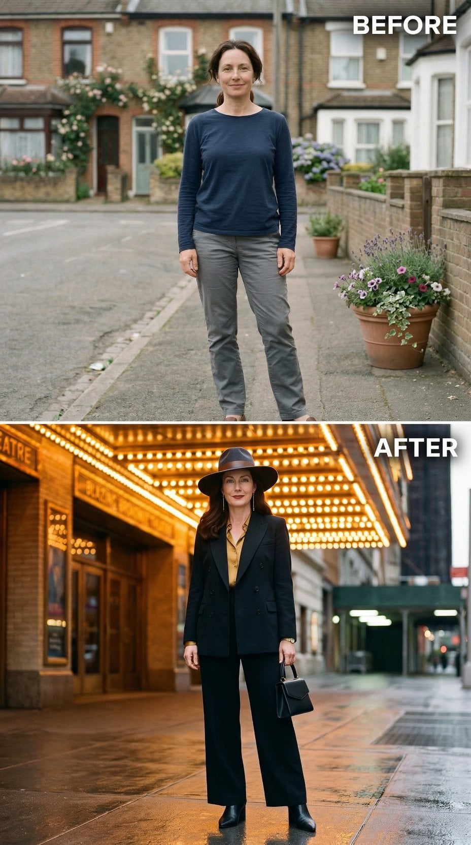 Downtown Navy Sweater Steps Under Theater Marquee in Tailored Black