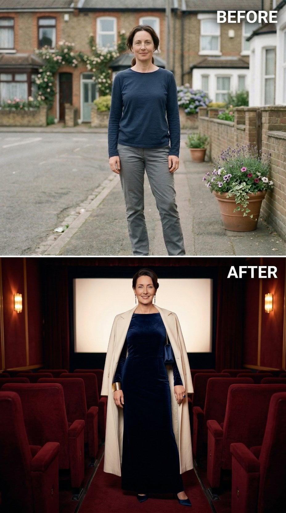 Everyday Cotton Sweater Traded for Plush Velvet Column Gown Beneath Long Coat