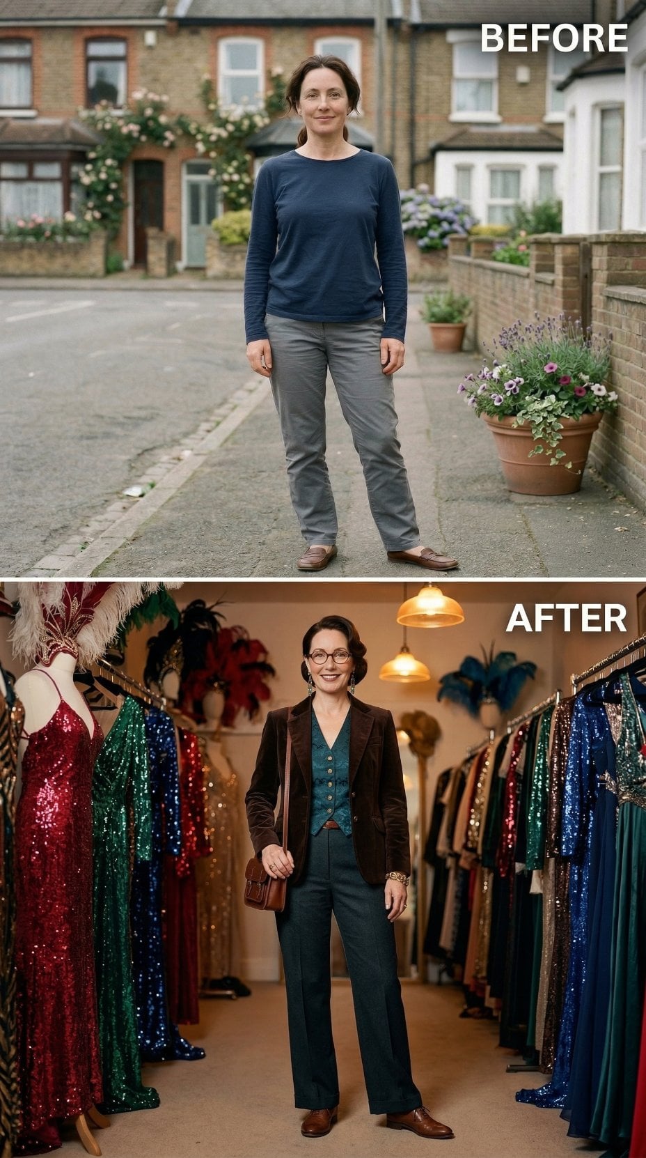 Teal Three-Piece Suit Anchors a Vintage Costume Boutique Scene