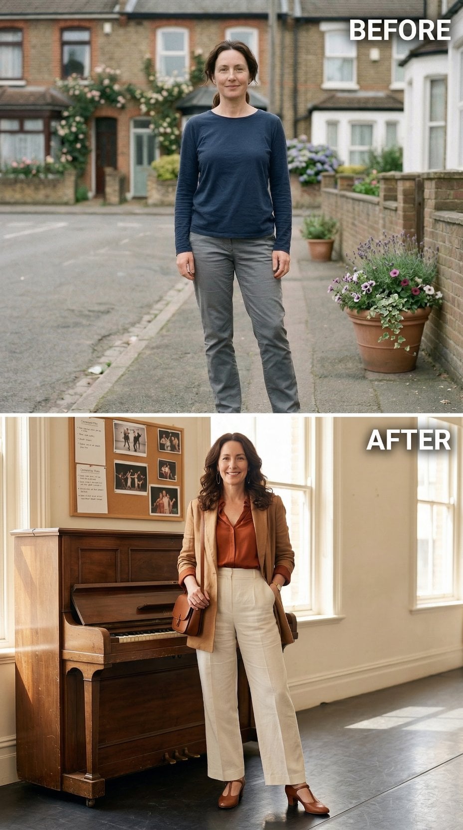 Rust Silk Blouse and Tan Blazer Evoke Dance Studio Rehearsal Elegance
