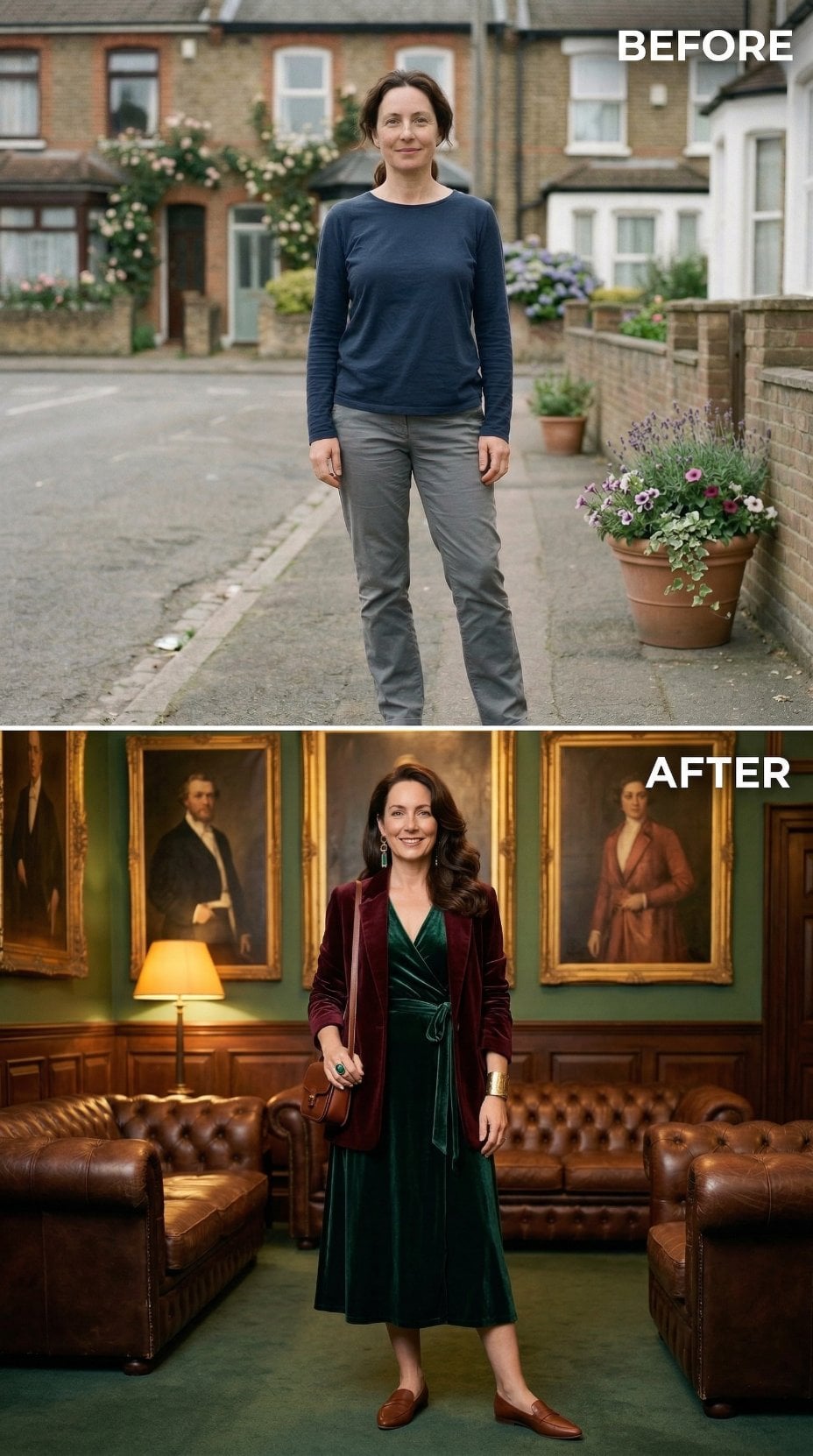 Deep Emerald Velvet Wrap Dress Anchored by Plum Blazer in a Portrait Gallery