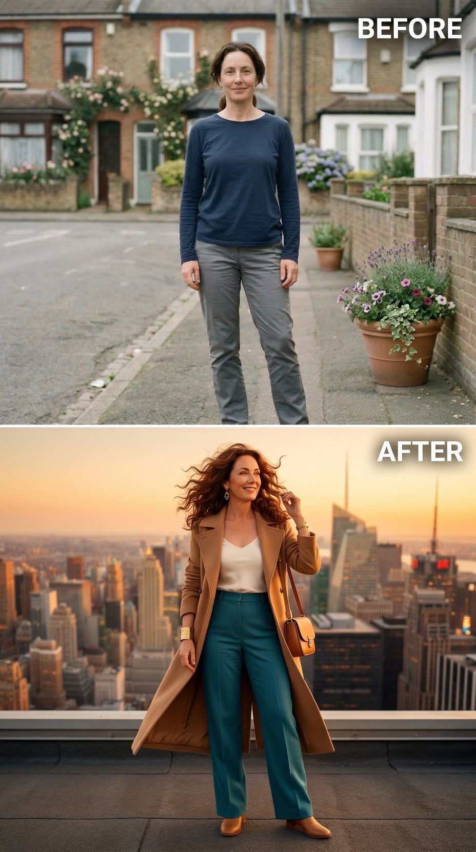 Navy Crewneck Meets Camel Trench and Teal Wide-Leg Trousers Atop a Rooftop