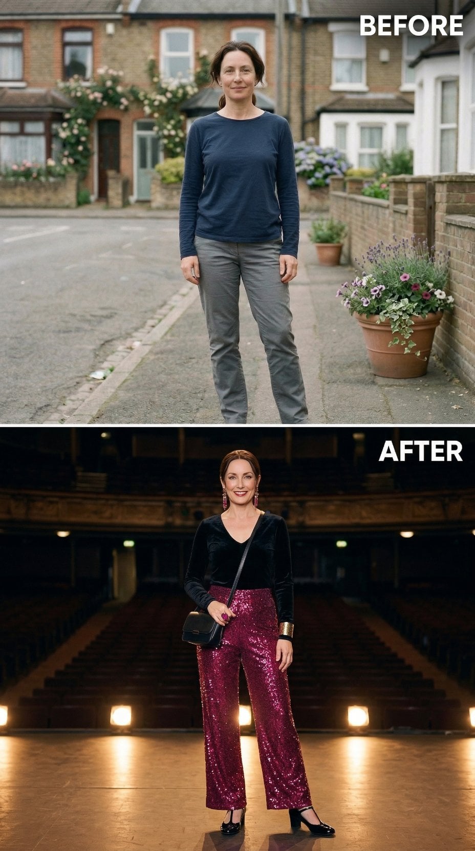 Casual Navy and Grey Gives Way to Sequined Magenta Drama