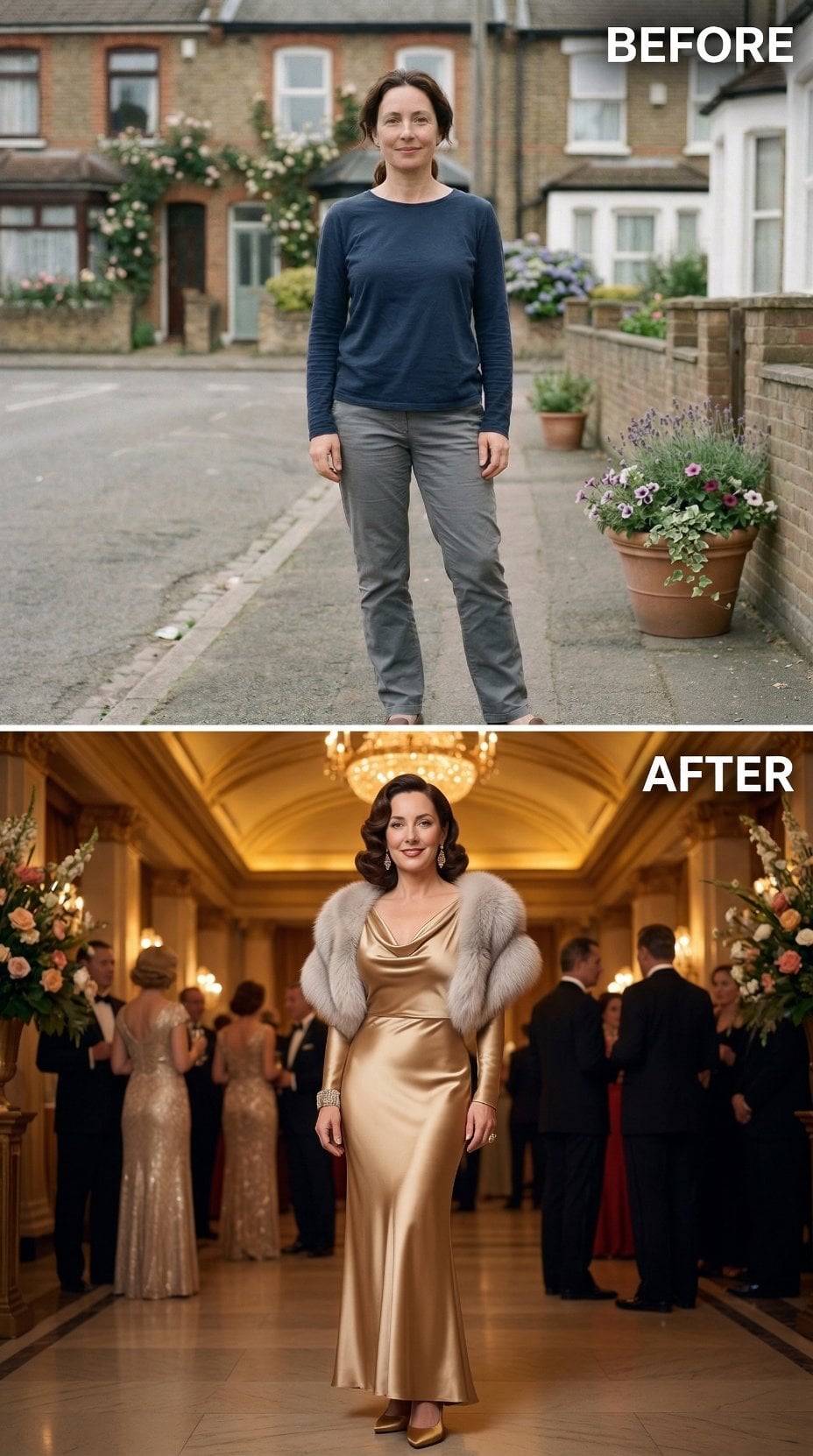 Champagne Satin and Fur Stole Command the Grand Ballroom