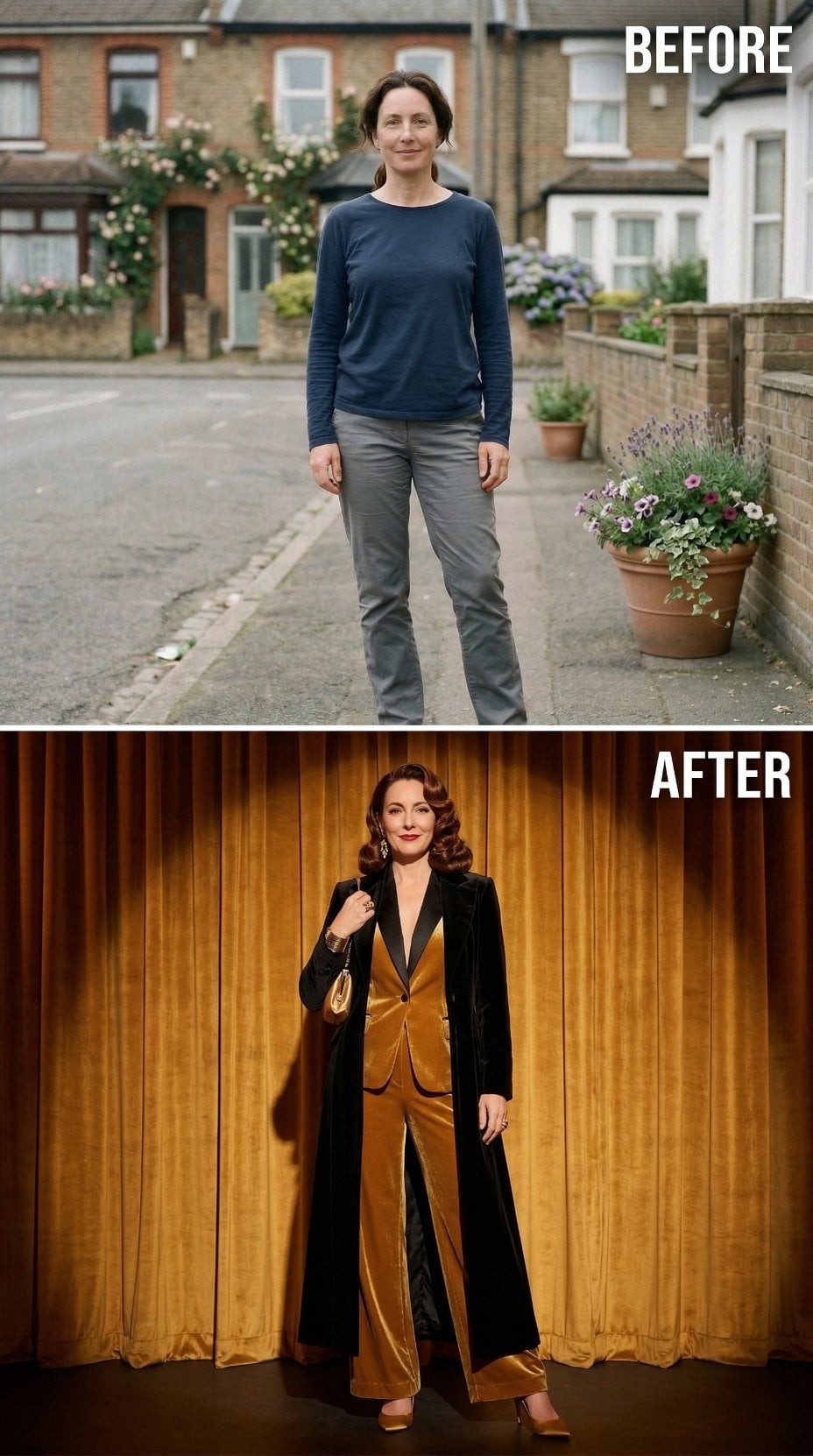 Golden Velvet Suit and Floor-Length Black Coat Recall Old Hollywood Premieres