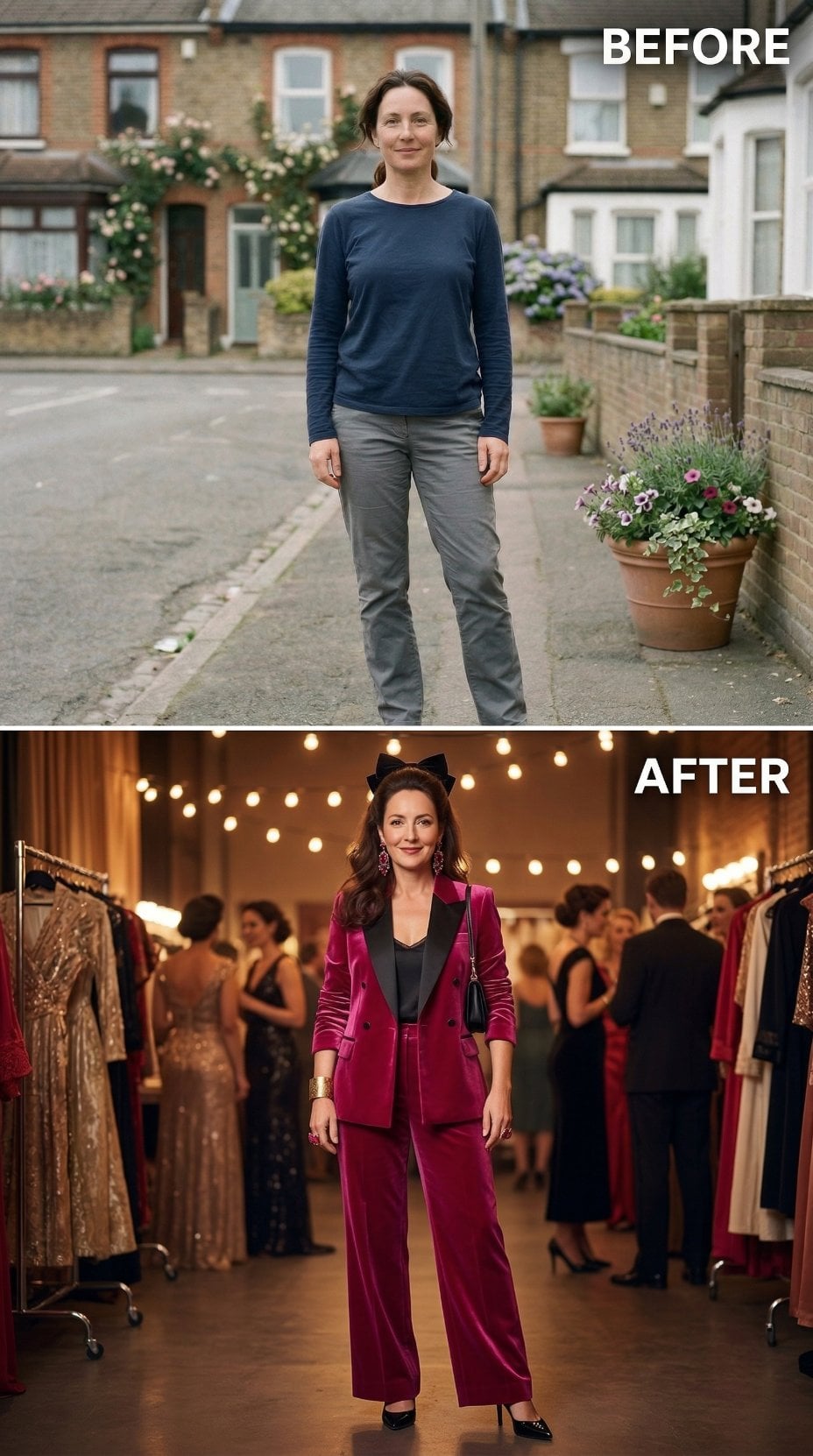 Dark Navy Knit Meets Rich Velvet Pantsuit Under String Lights