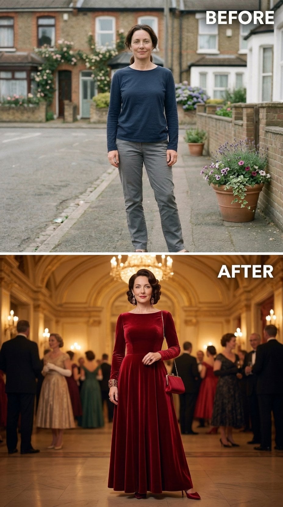 Deep Navy Casual Attire Swept Into Burgundy Velvet Ballroom Entrance