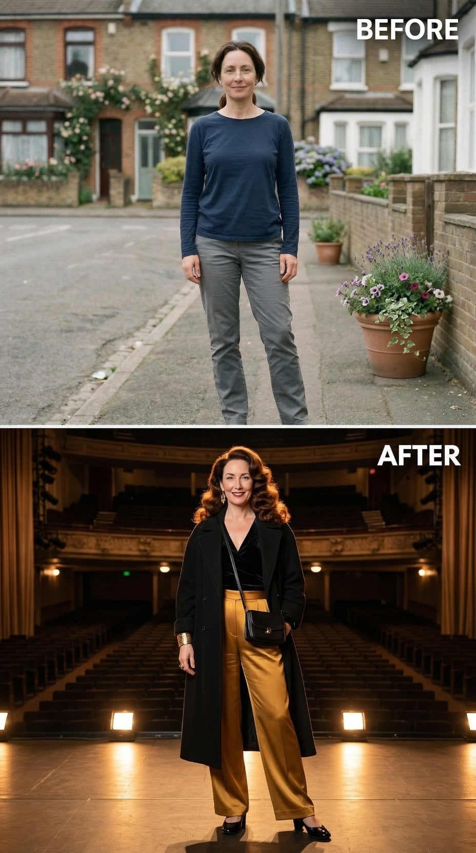 Casual Blue Top Exchanges Street Cobblestones for Gold Silk in Theater Aisle