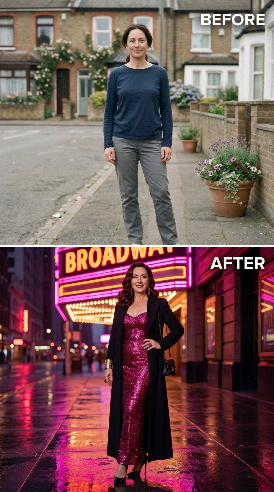 Magenta Sequin Slip Dress Glows Under Broadway Bulbs and Long Black Coat
