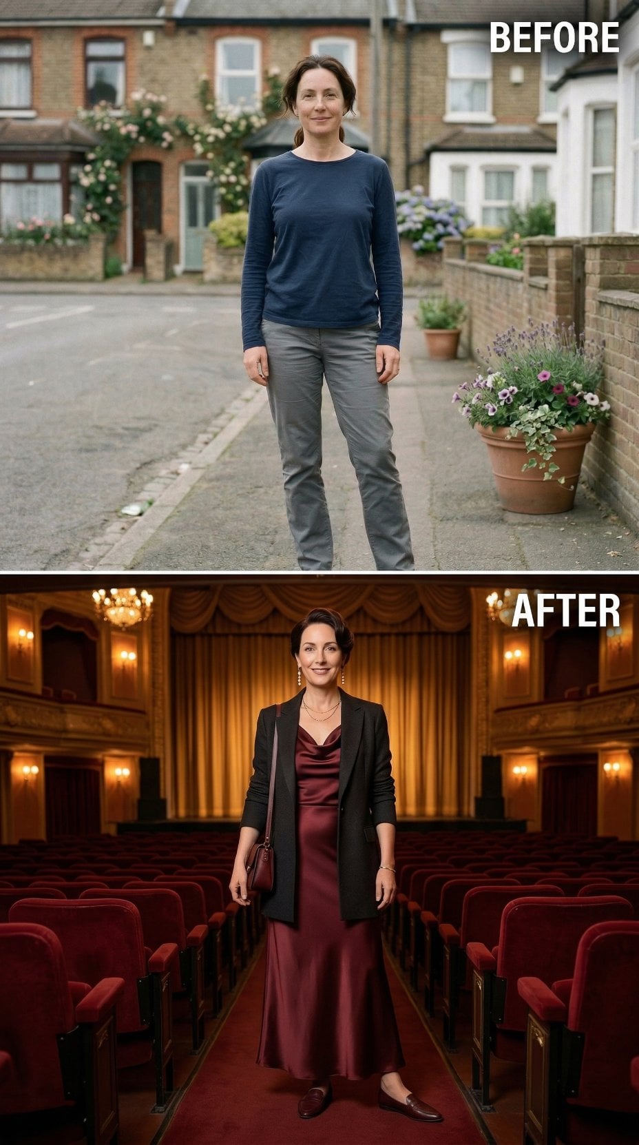 Casual Street Denim to Burgundy Satin in Vintage Theater Aisle