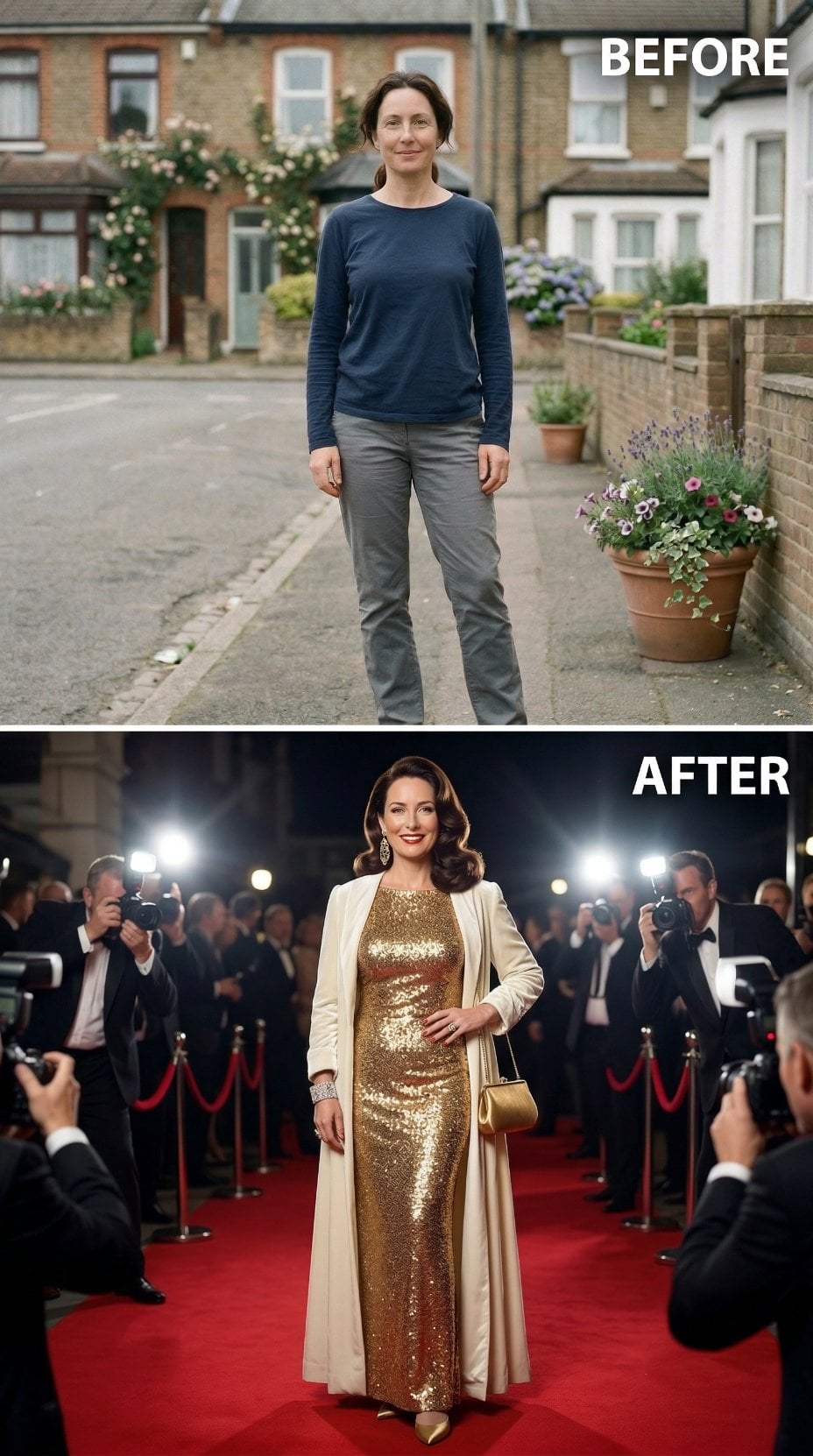 Casual Cotton and Grey Trousers Exit for Gold Sequin Column and Ivory Duster