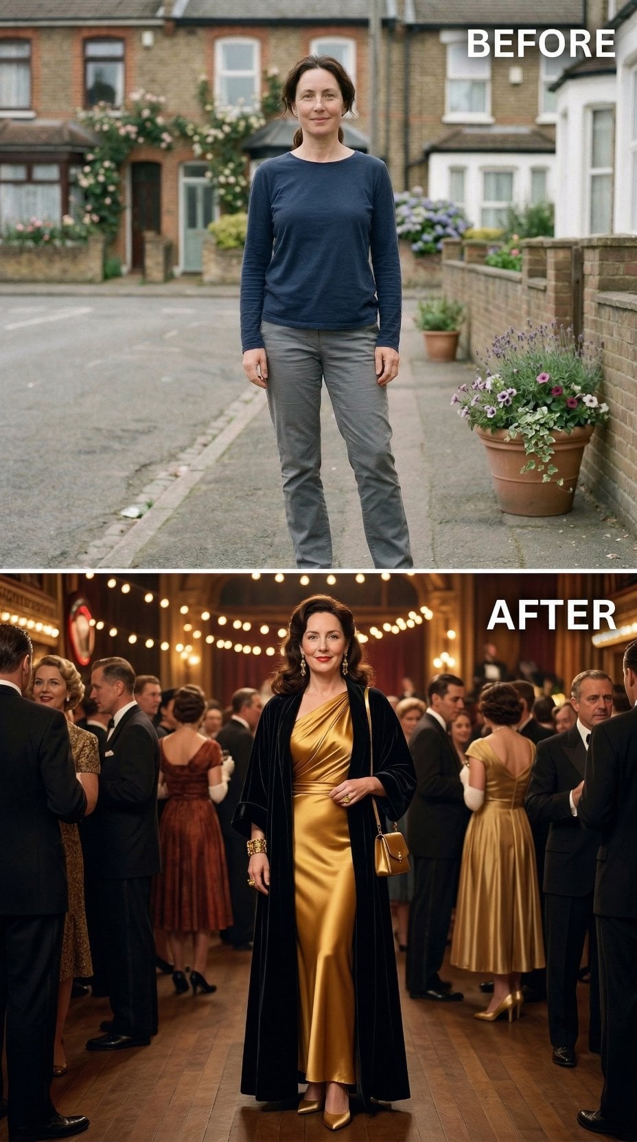 Golden Silk Slip Dress and Velvet Overcoat Frame a Grand Ballroom Revival