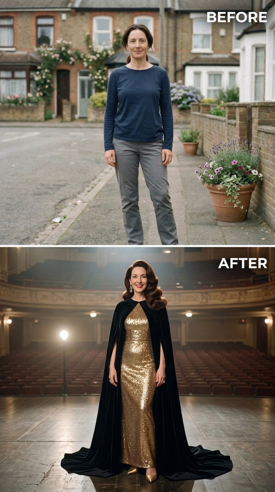 Gold Sequin Column Gown with Floor Length Velvet Cape Revival