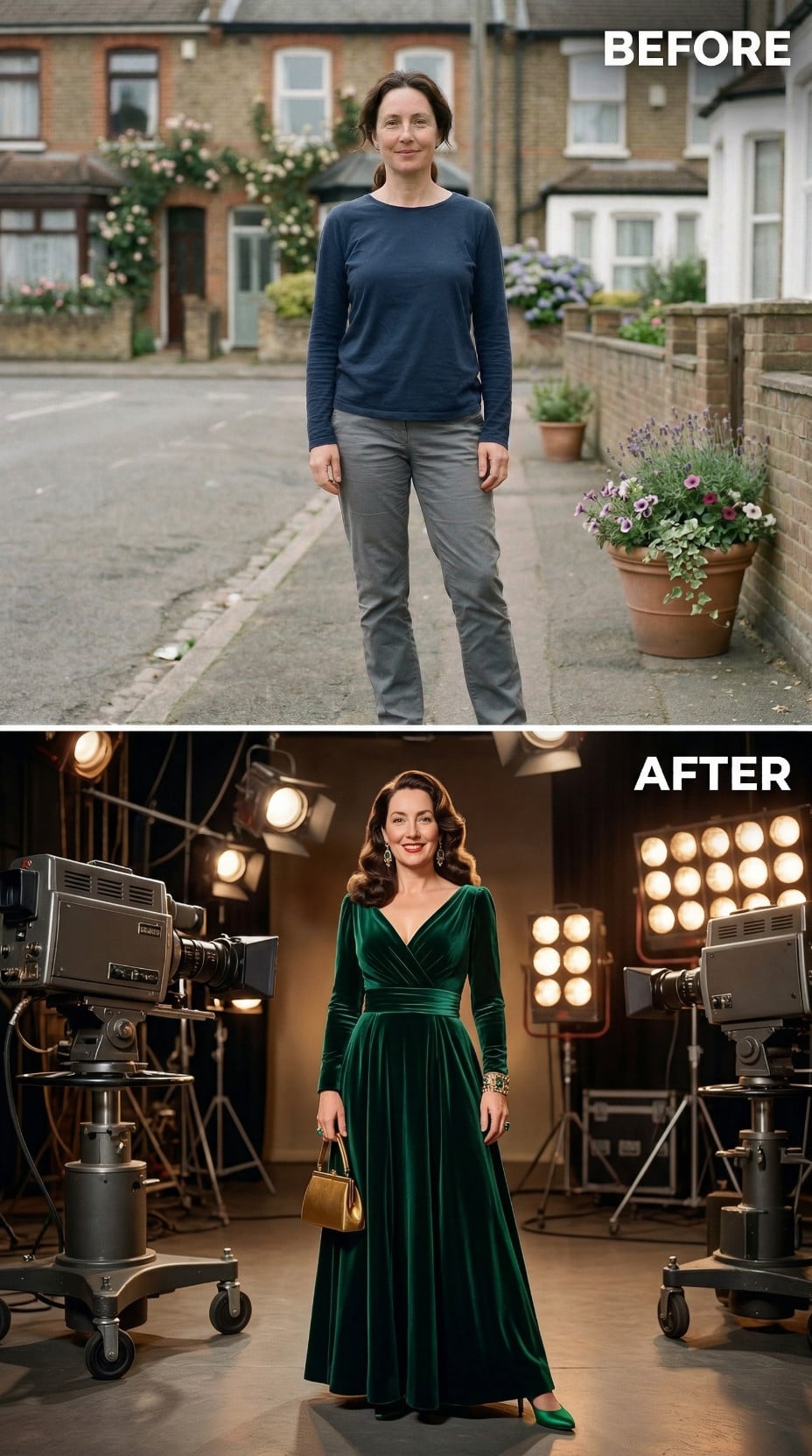 Emerald Velvet V-Neck Gown Framed by Studio Monitors and Film Lamps