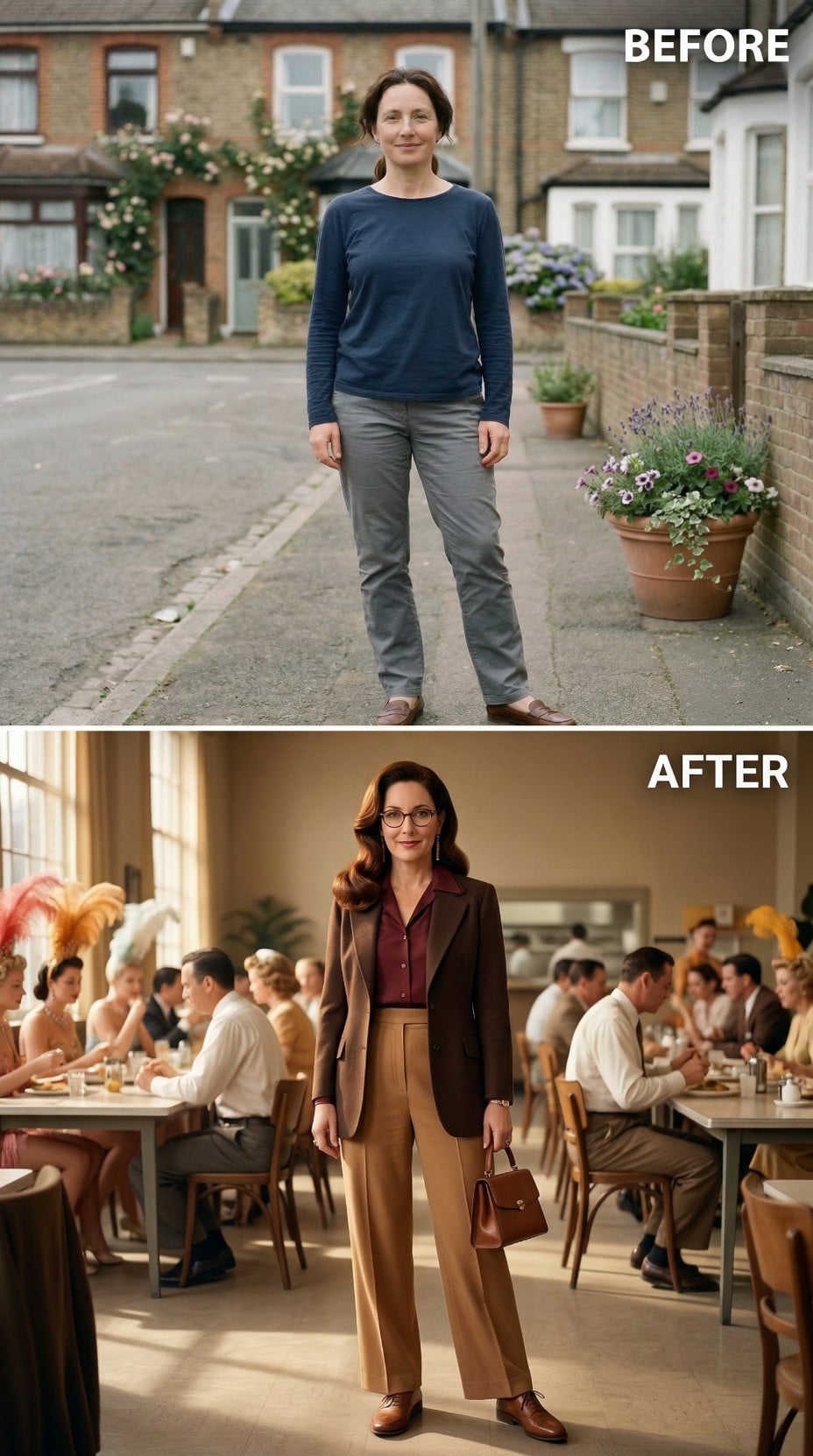 Grey Trousers on Residential Brick Street to Burgundy Blouse and Brown Tailored Suiting
