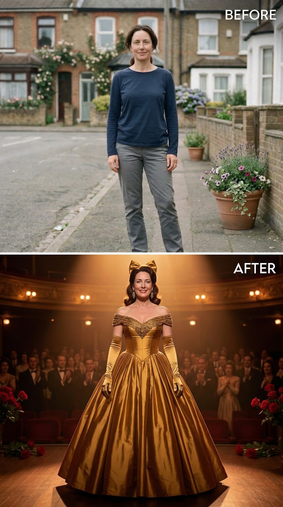 Before Photo Comfort in Overcast Daylight to Golden Gown Under Theatre Chandeliers