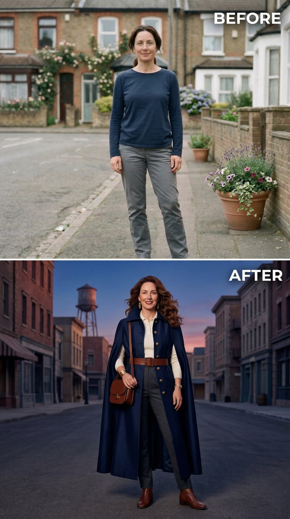 Charcoal Jersey on Sidewalk Gives Way to Navy Cape and Brown Belt