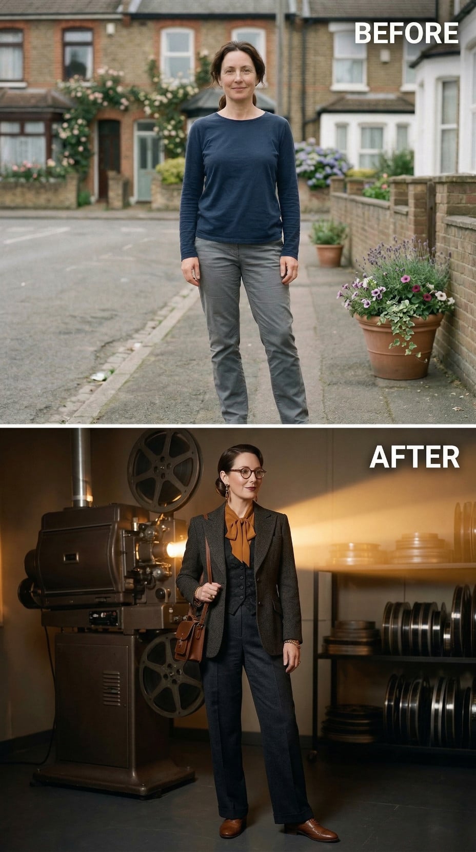 Dusty Blue Crew Neck Swaps Street Pavement for Film Archive in Tailored Charcoal