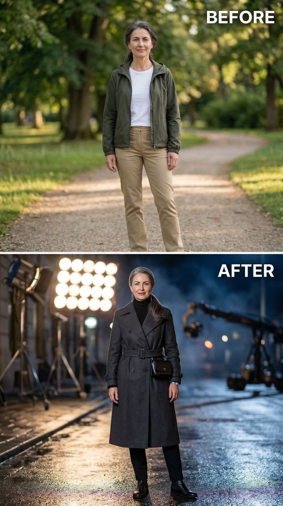 Double-Breasted Charcoal Wool and Studio Lights for Dramatic Effect