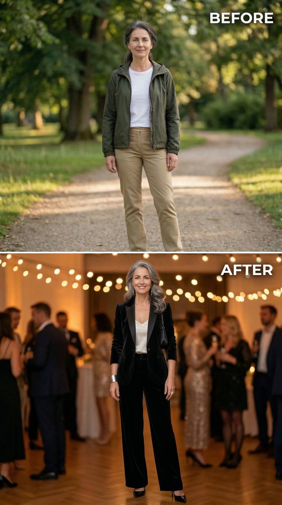 Velvet Blazer and Silver Waves Under String Lights at Evening Hour