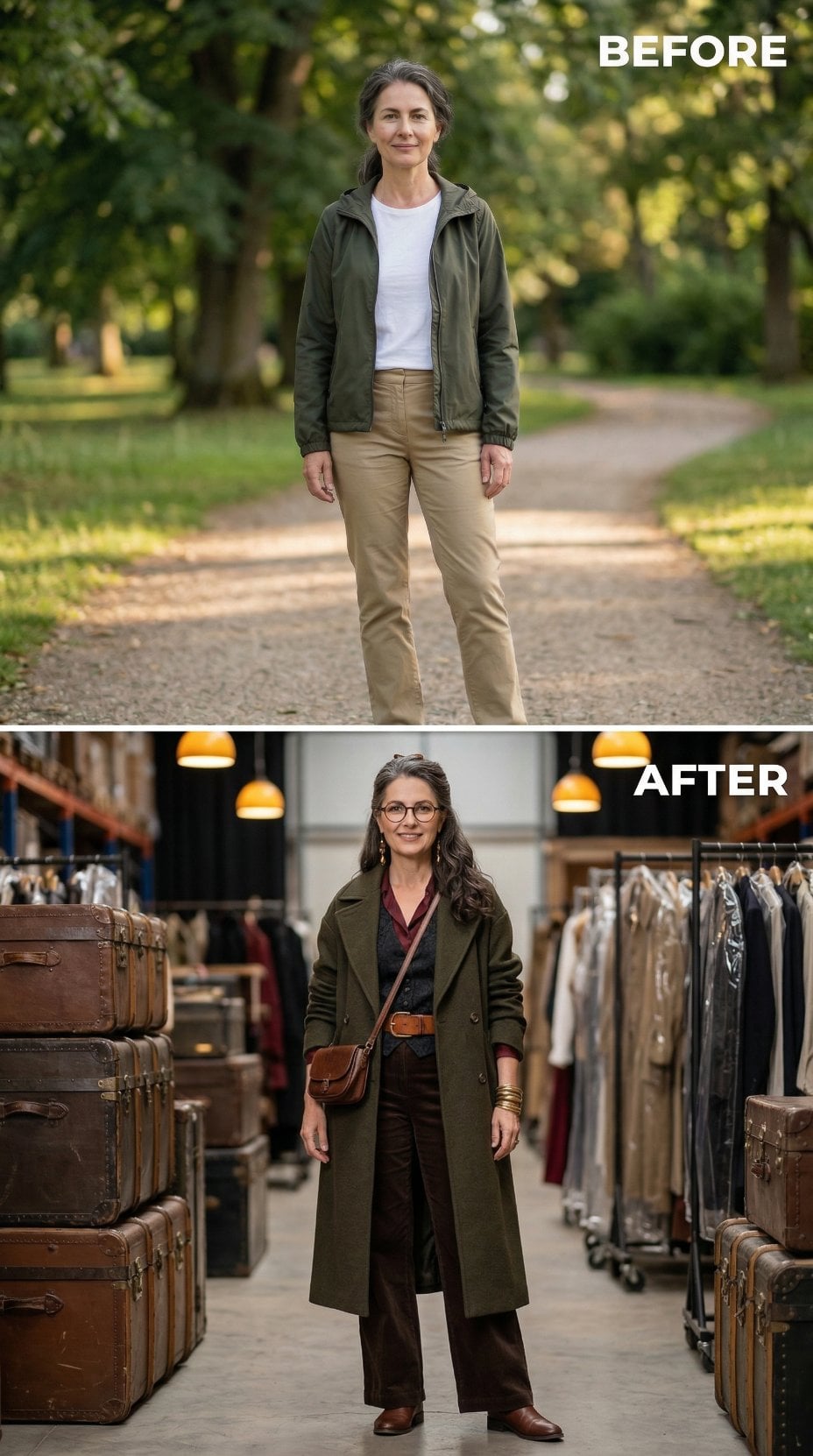 Olive Wool Coat Unbuttoned Over Black Flares and Crossbody Leather