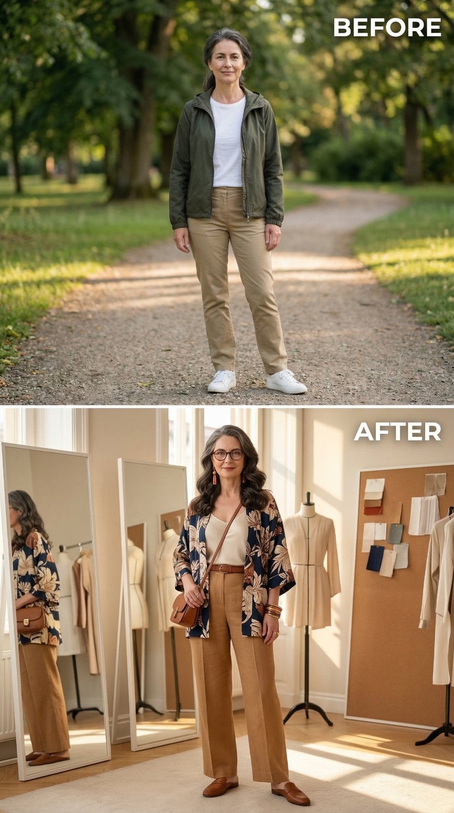 Olive Anorak Traded for Kimono Sleeves and Wide-Leg Camel