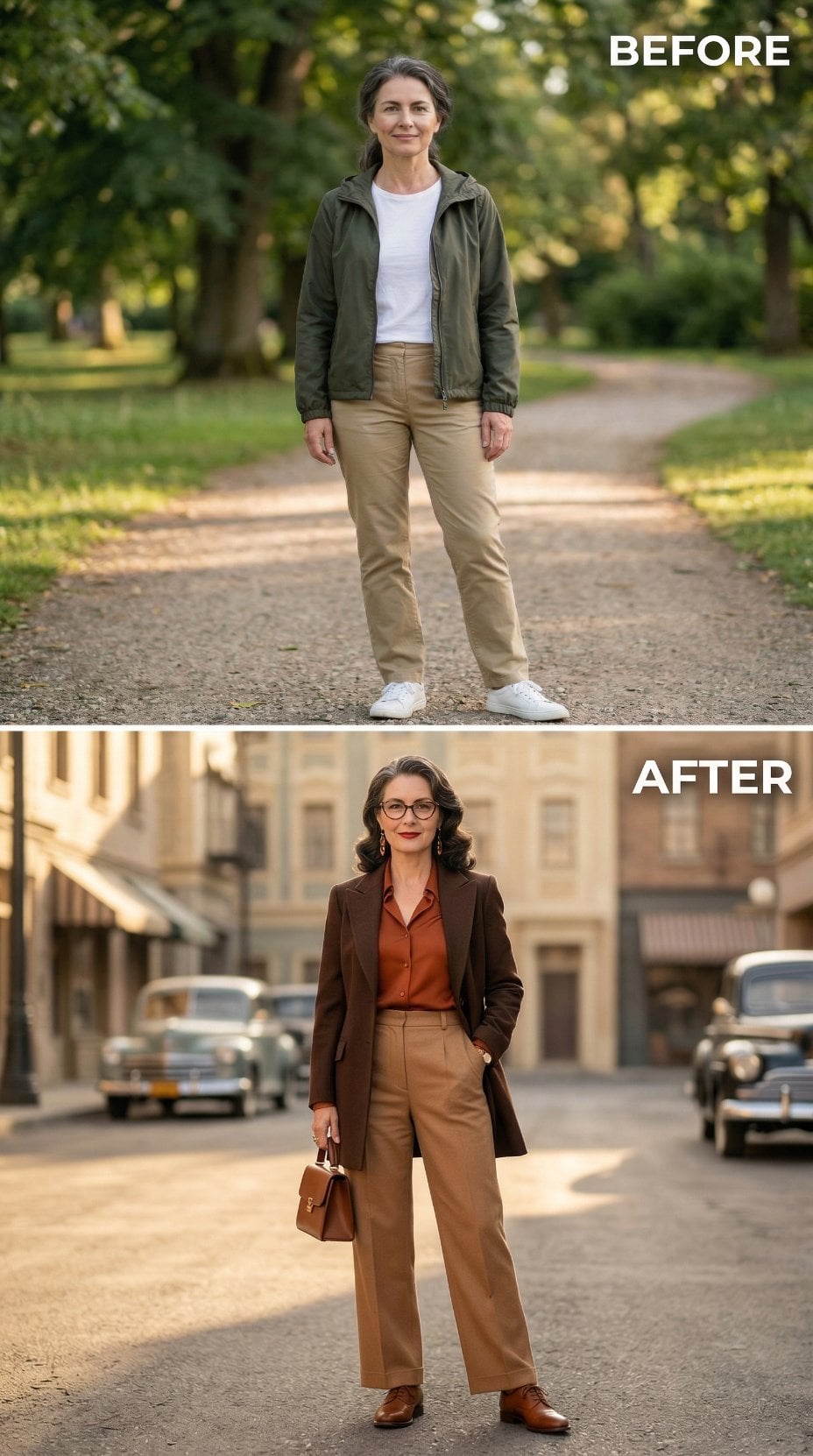 Brown Blazer Over Rust Silk and Wide-Leg Trousers on a City Street