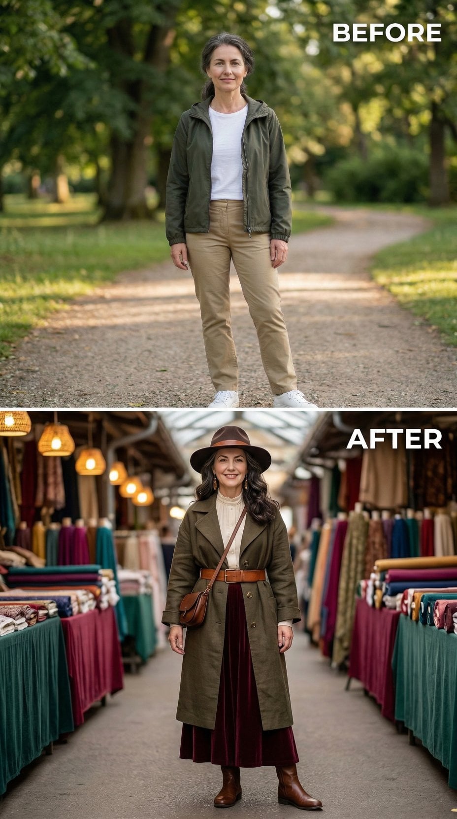 Olive Trench Coat Cinched With Cognac Over Burgundy Velvet