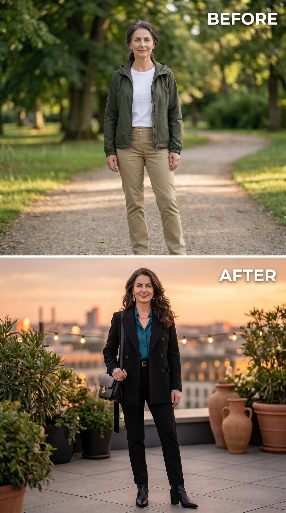 Black Double-Breasted Blazer Over Teal Silk at Golden Hour