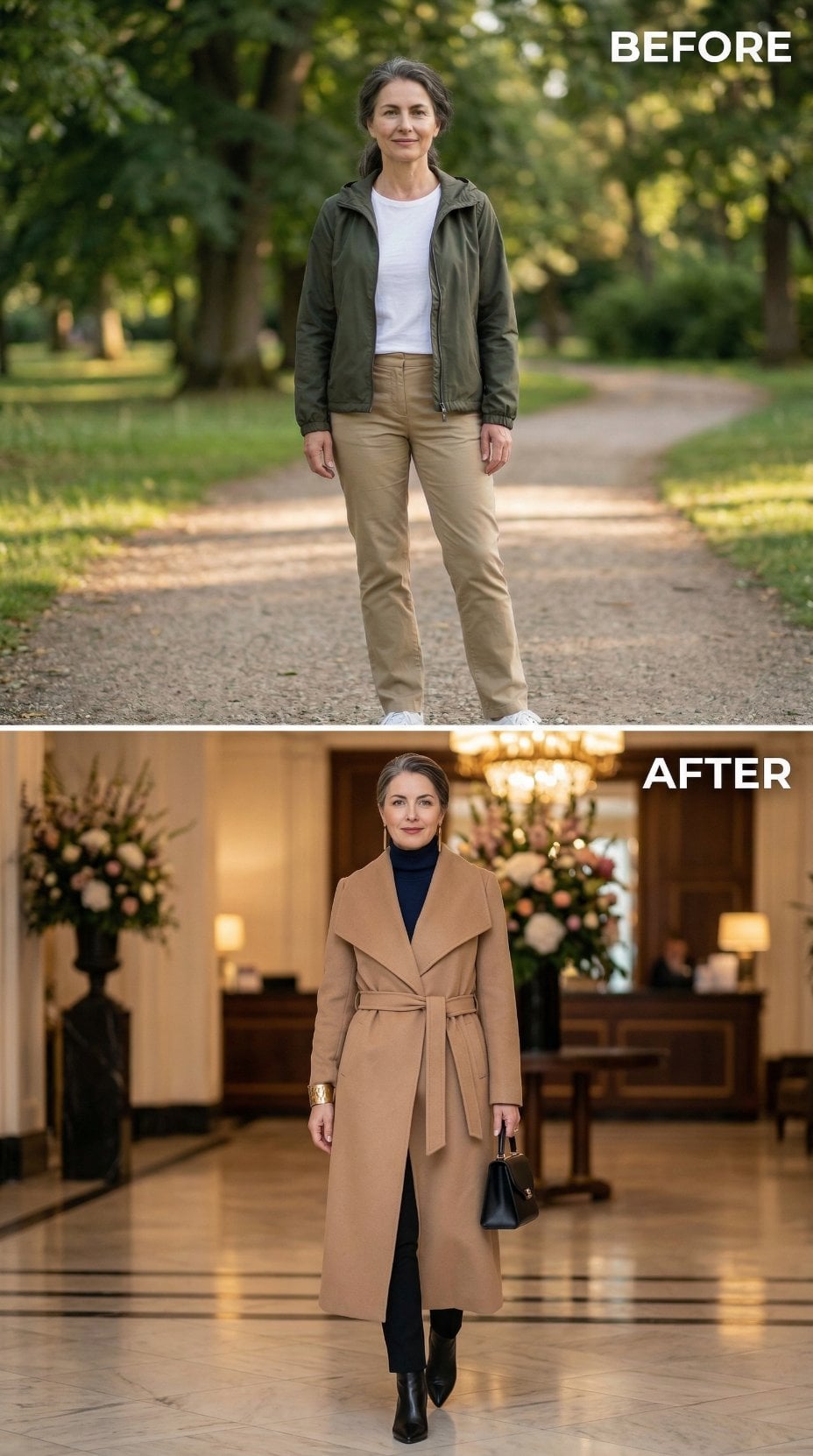 Camel Coat with Wrap Belt Over Navy Turtleneck and Glossy Lobby Marble