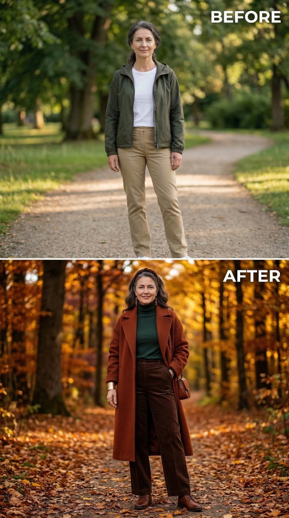 Burnt Rust Coat Over Forest Turtleneck and Wide-Leg Chocolate