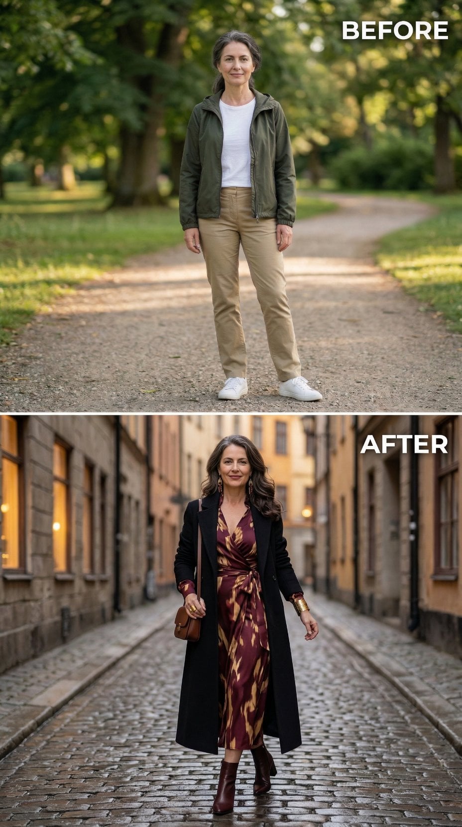 Long Black Coat Over Burgundy Ikat Wrap Dress on European Cobblestone