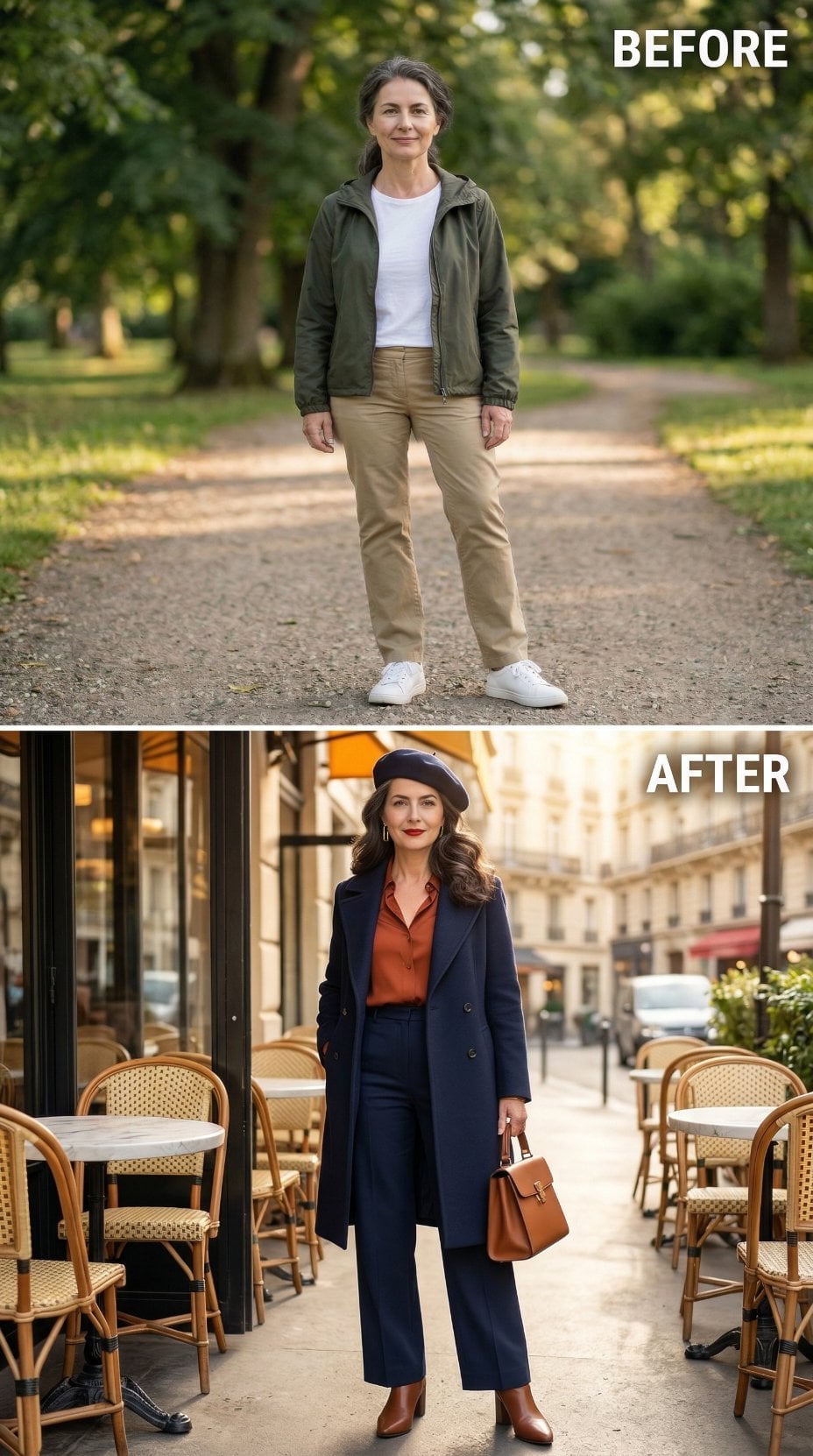 Navy Doublebreasted Coat Over Rust Silk at Parisian Sidewalk Cafe