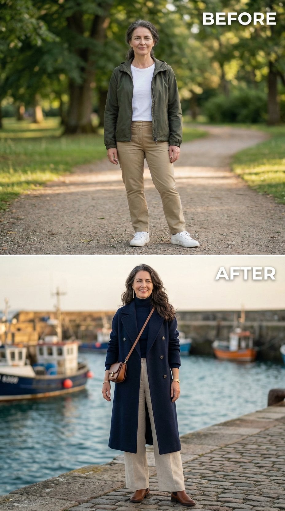 Double-Breasted Navy Coat Over Turtleneck at Harbor's Edge