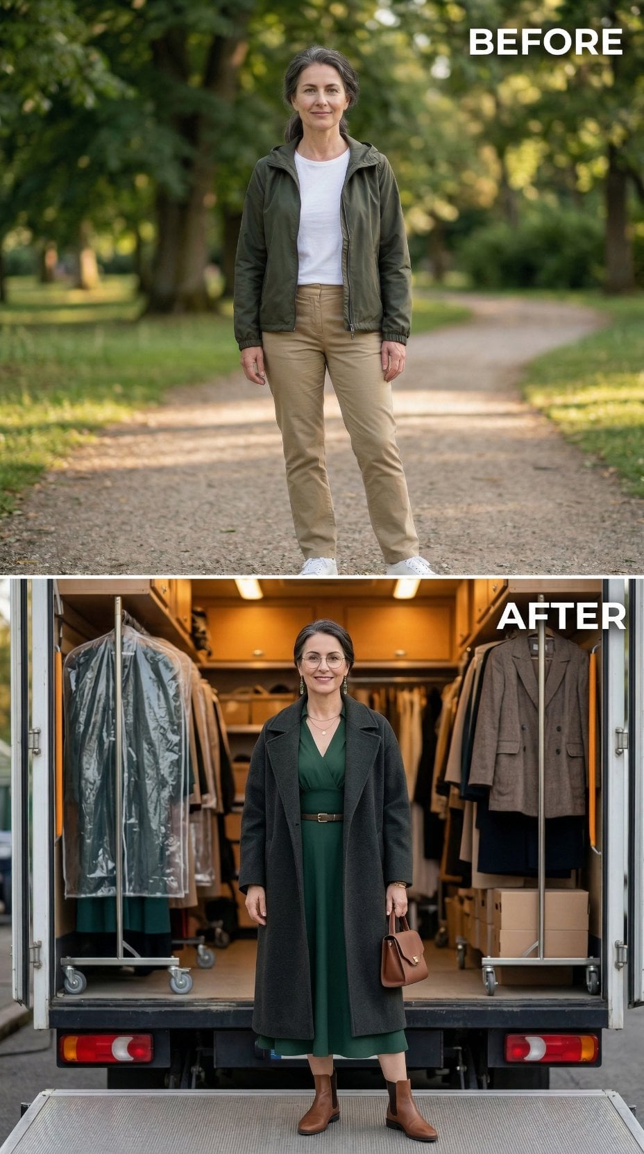 Long Charcoal Coat Unbuttoned Over Emerald Column and Brown Loafers
