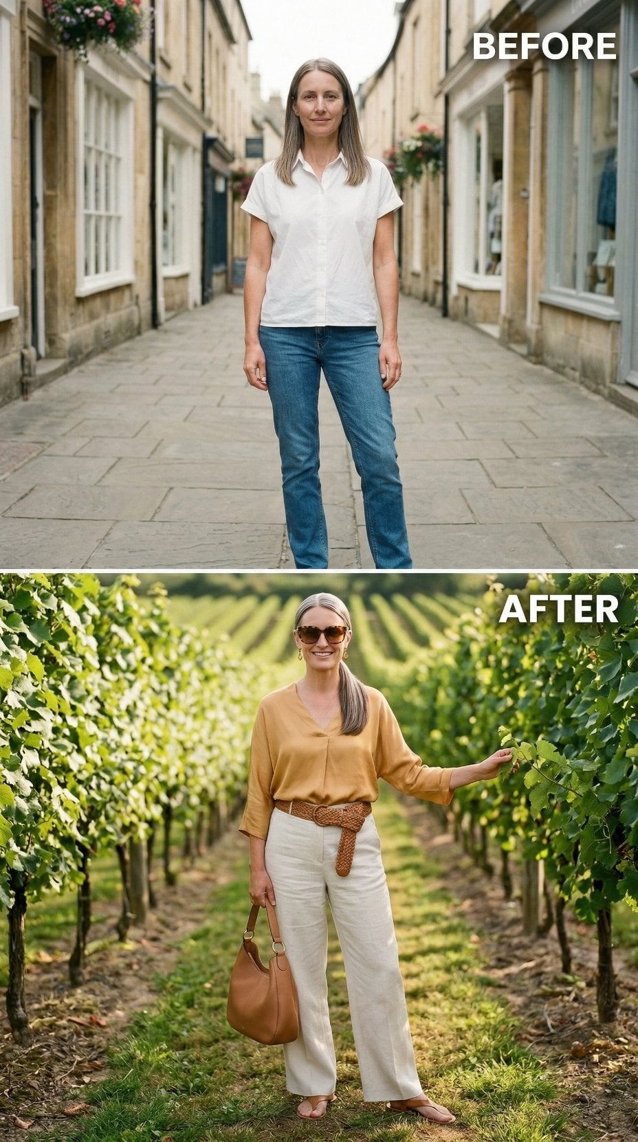Mustard Silk, Wide Cream Trousers, and What a Vineyard Backdrop Actually Demands