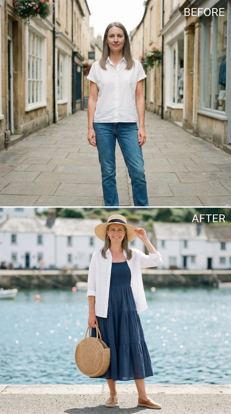 White Button-Down, Navy Midi, Straw Brim: Dressing With a Harbour View in Mind
