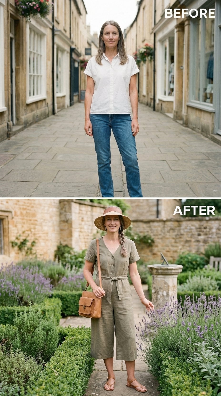 Olive Linen Jumpsuit, Straw Brim, Garden Path: Dressing With Somewhere Already in Mind