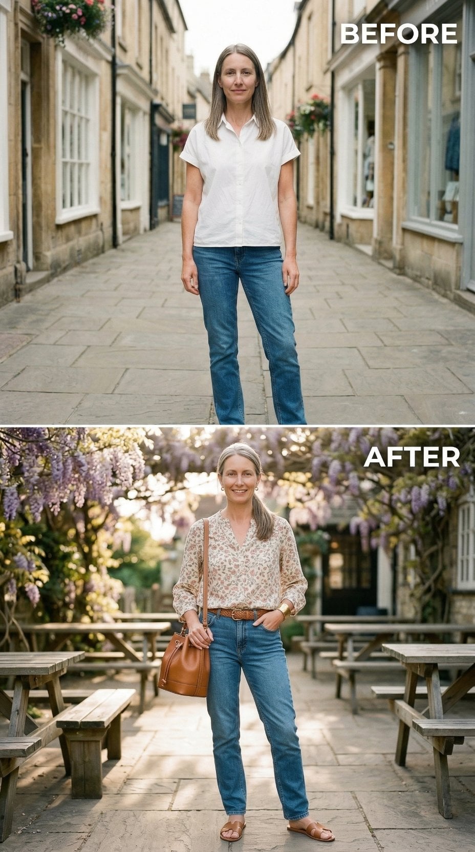 Floral Blouse, Wisteria Courtyard, Jeans That Finally Fit the Moment