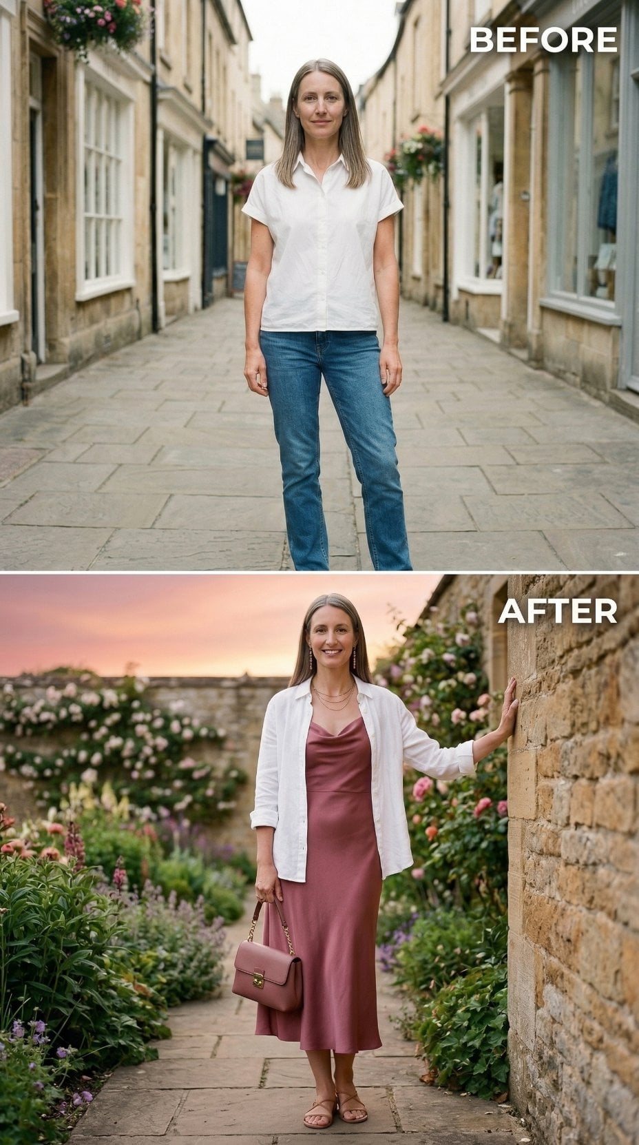 Dusty Rose Slip Dress, Open White Linen, Garden Wall at Dusk: Dressing With Somewhere to Be