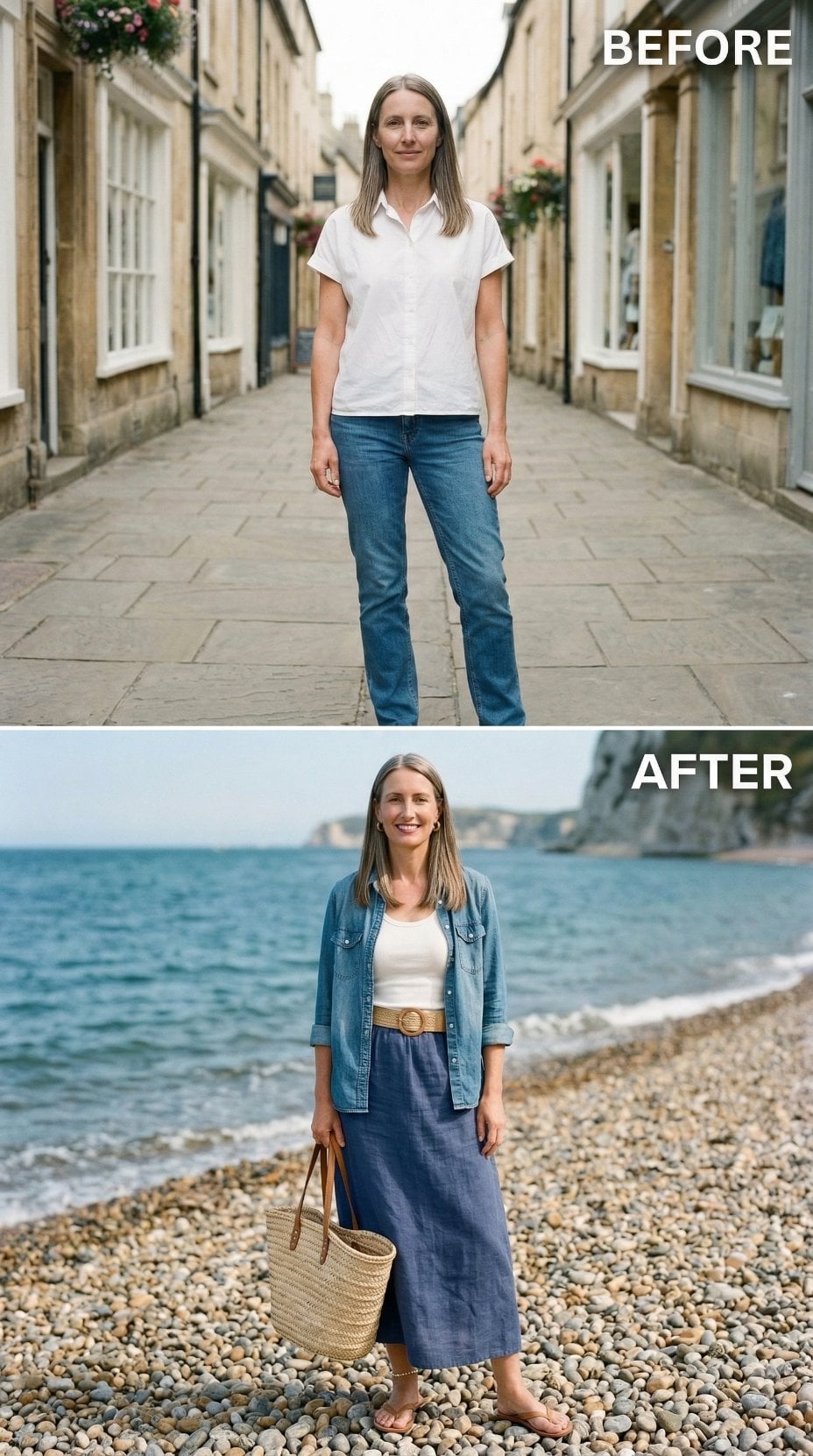 Denim Shirt, Navy Midi, Pebble Shore: Intentionality Dressed as Ease