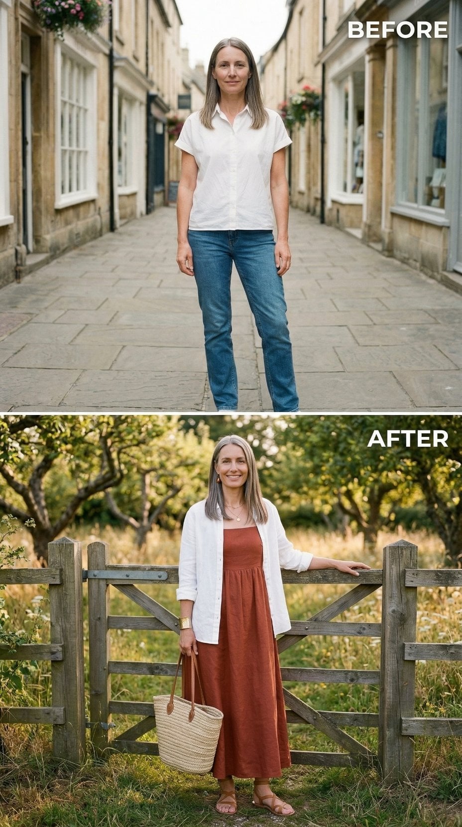 Rust Midi, White Linen Layer, Orchard Gate: When Simplicity Carries Its Own Authority