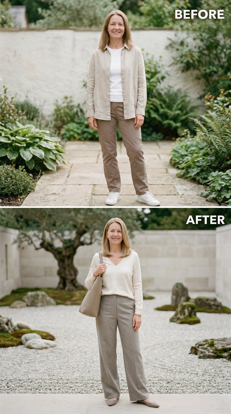 Beige Linen Layering Versus Cream Cashmere and Wide-Leg Wool