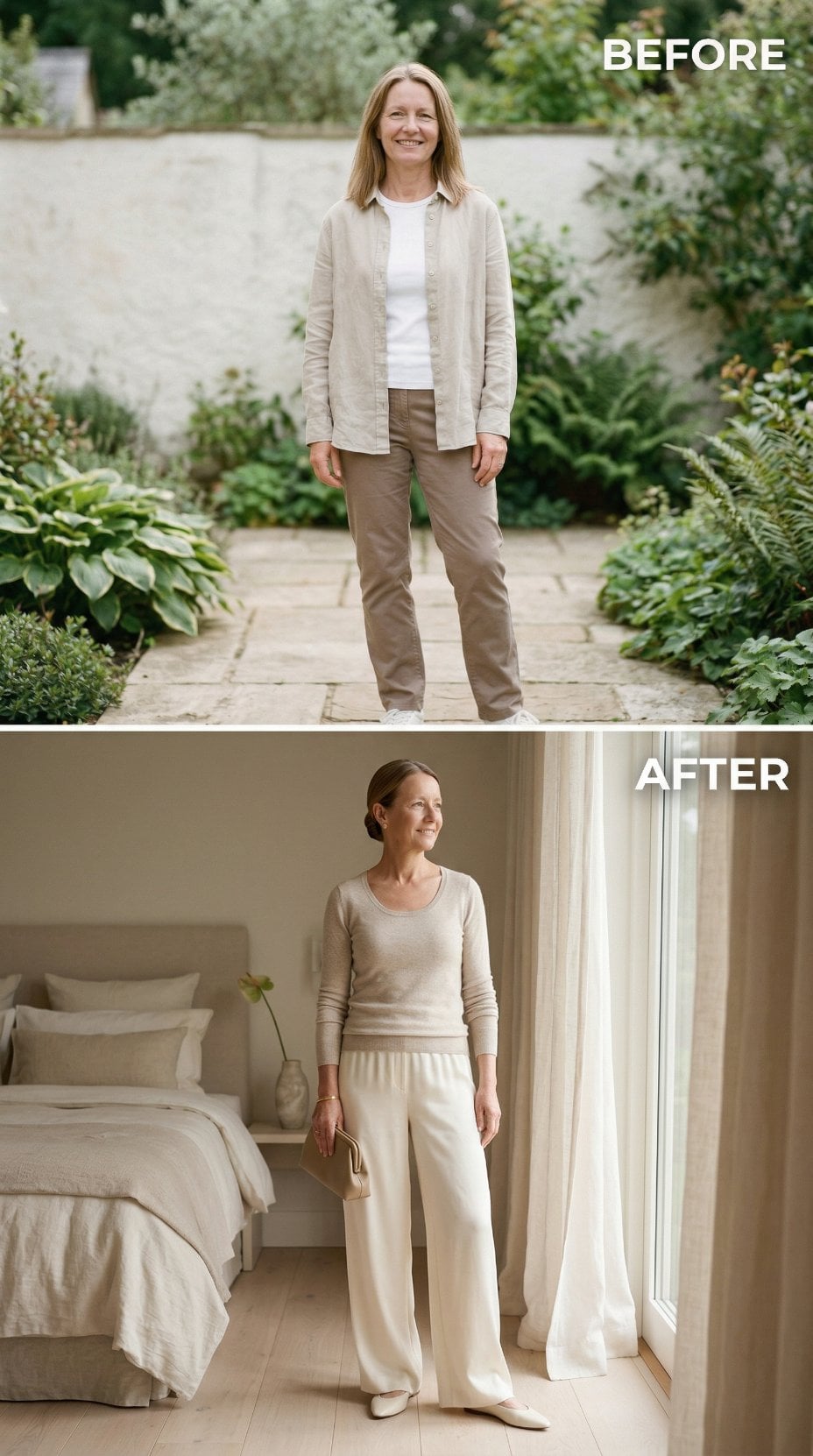 Khaki Linen Separates Outdoors Versus Ivory Ribbed Knit and Pleated Trousers