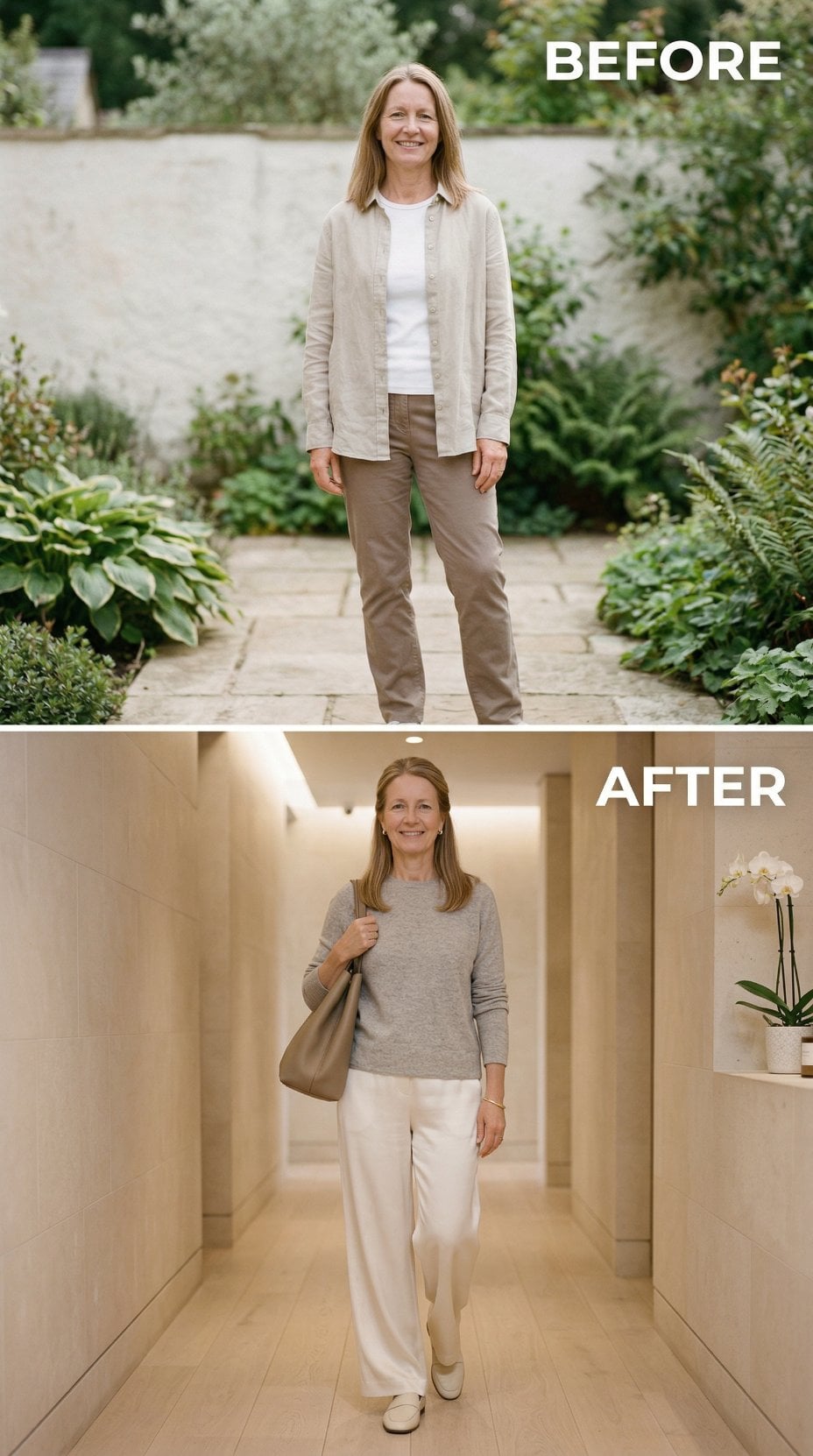Beige Linen and Garden Path Versus Grey Cashmere with Handbag