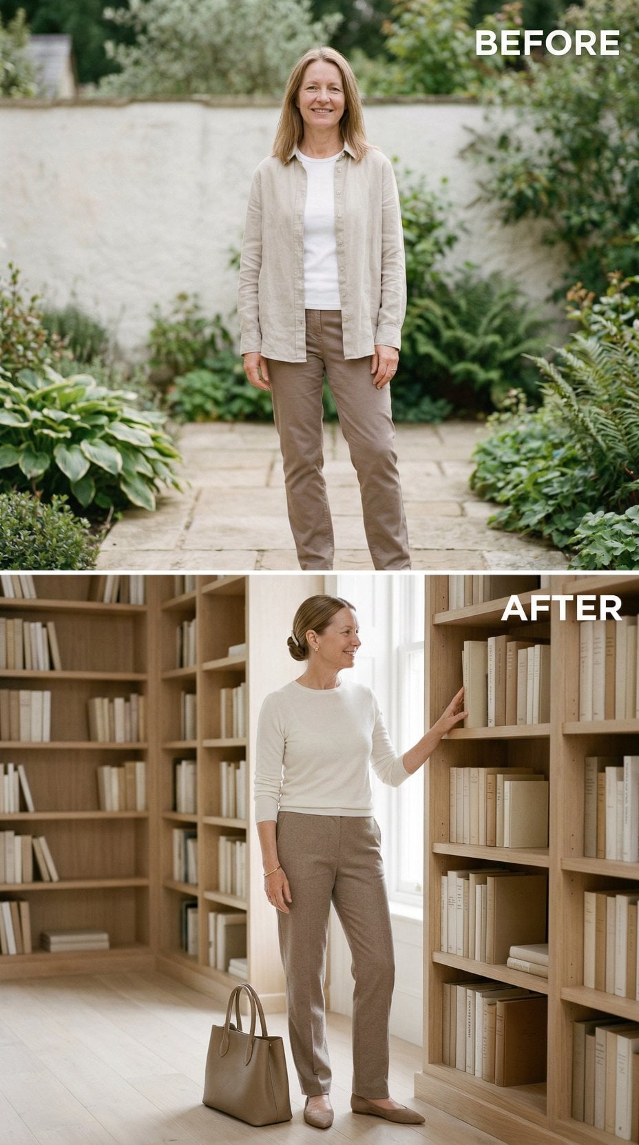 Outdoor Linen Overshirt and Garden Path Versus Library Shelves in Fitted Cream Knit