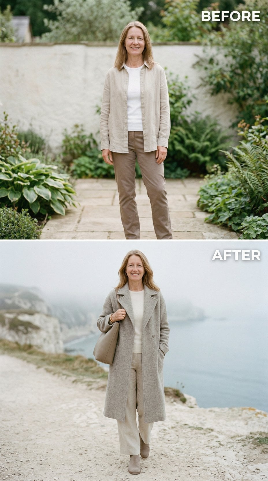 Neutral Linen Basics Against Ivy Versus Coastal Path in Herringbone Coat